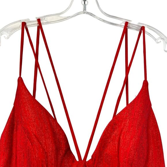 Abby Paris 90015 A-Line V-Neck Spaghetti Stap Long Prom Dress Red Shimmer 14 New - Picture 4 of 11